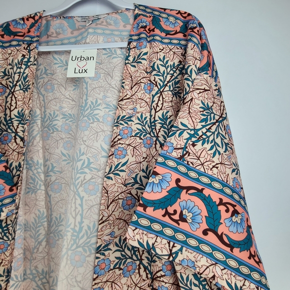 Urban Lux pink floral maxi 3/4 sleeve open boho relaxed fit NWT kimono, O/S - Picture 3 of 7